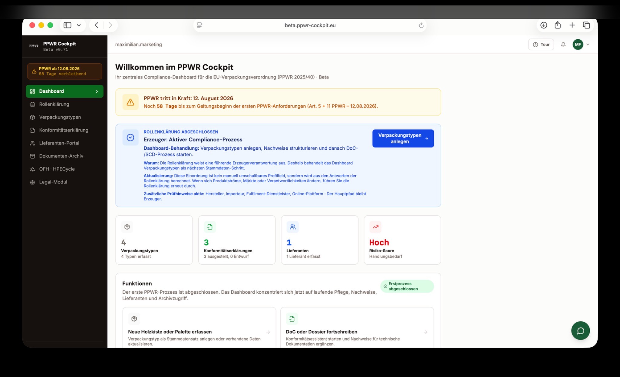 PPWR Cockpit Dashboard: Compliance-Übersicht mit Verpackungstypen, Konformitätserklärungen und Risiko-Score