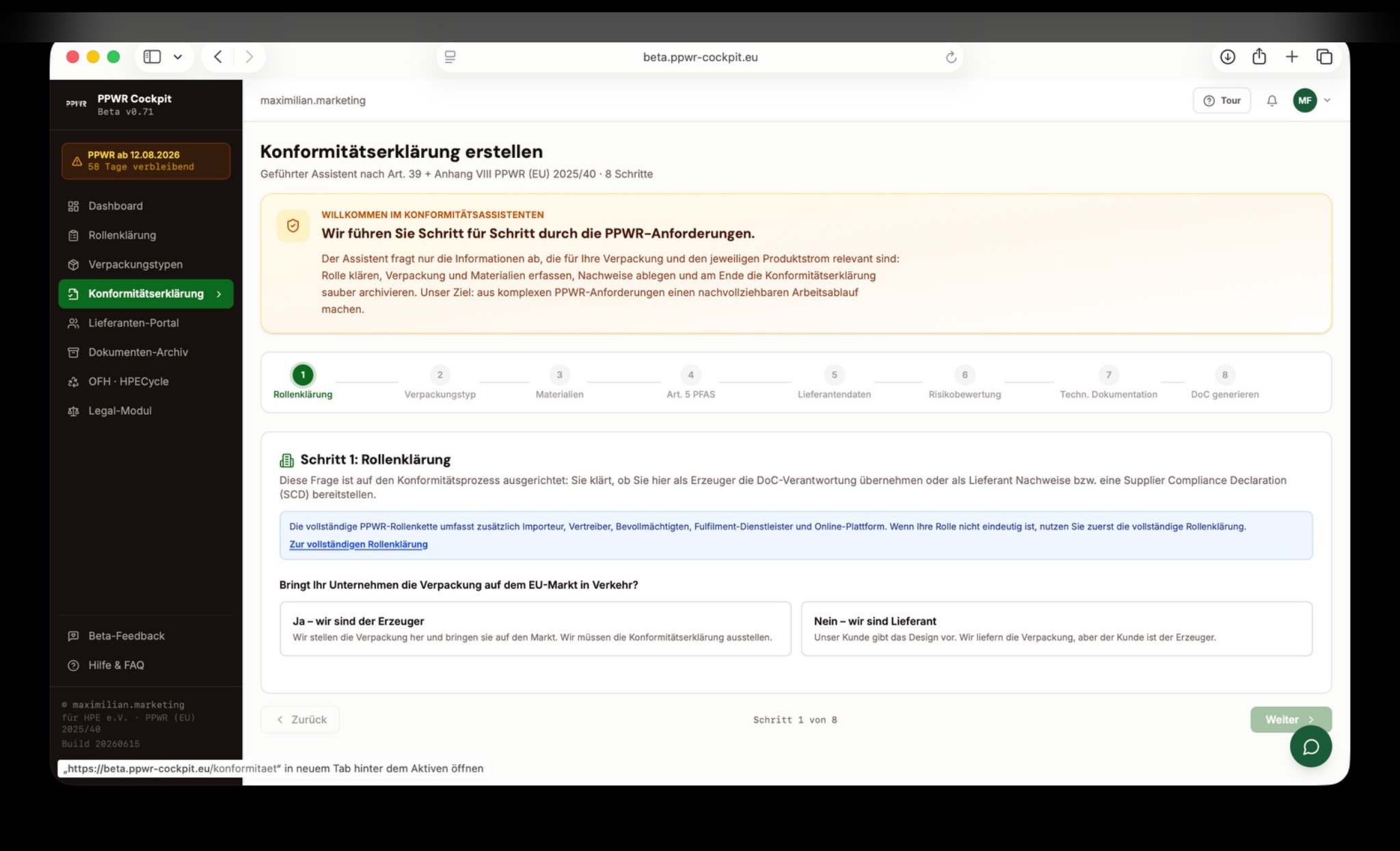 PPWR Konformitätserklärung: 8-Schritte-Assistent für Rollenklärung, Verpackungstyp und Materialien
