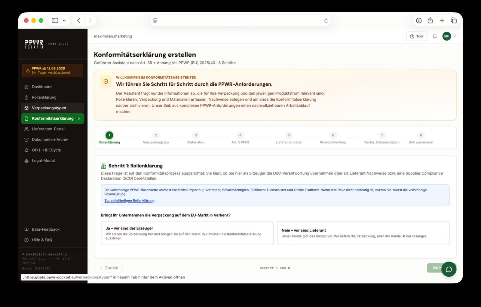 PPWR Konformitäts-Assistent: 8-Schritte-Wizard für Rollenklärung und Anforderungen